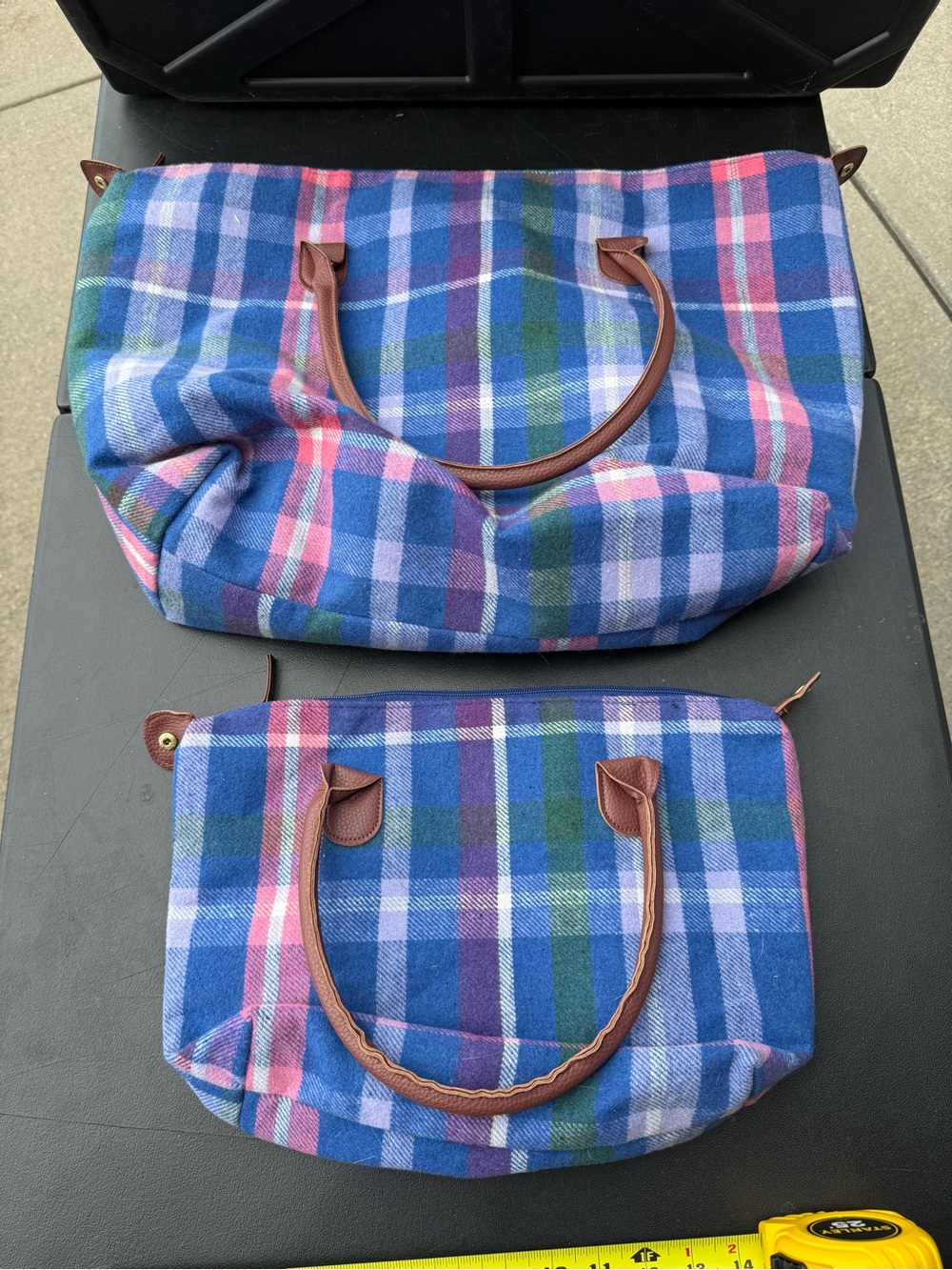 Pair Plaid Blue & Pink Tote Bag with Brown Handles